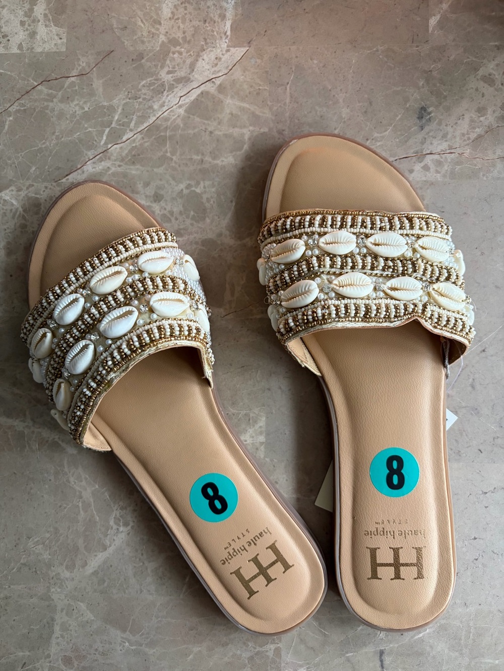 Haute Hippie Tan Beaded Shell Slide Sandals